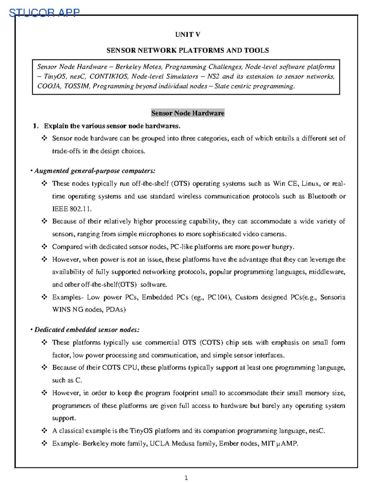 WSND Tools - UNIT V SENSOR NETWORK PLATFORMS AND TOOLS Sensor Node ...
