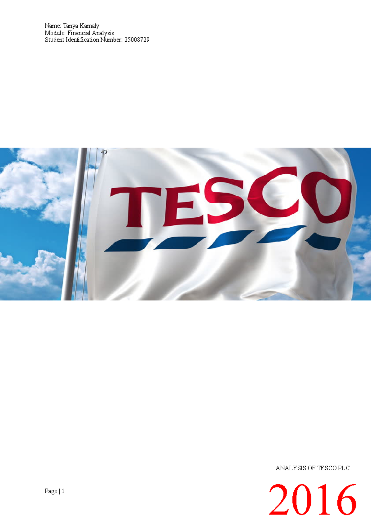 Assessment Two Tesco's Analysis Module Financial Analysis Student Identification Number