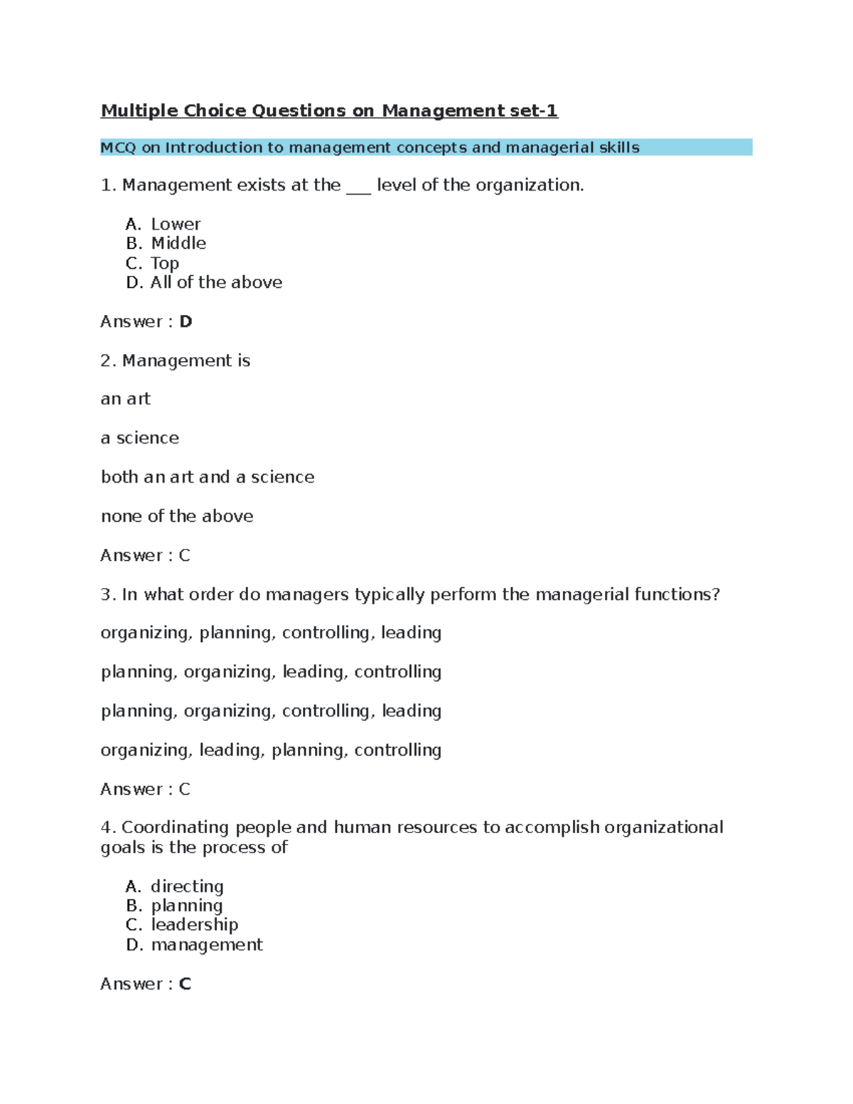 Management MCQs On All 3 Chapterset - Multiple Choice Questions On ...