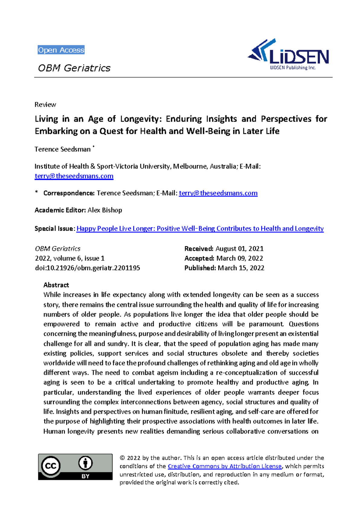 Living in an Age of Longevity Enduring Insights an - © 2022 by the ...