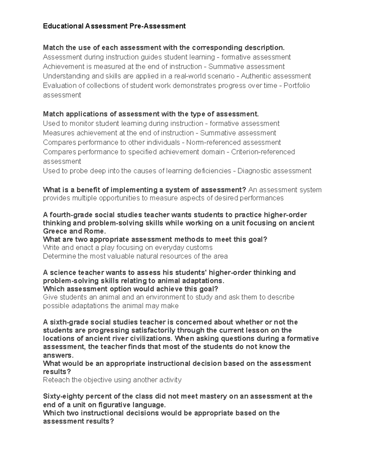 Educational Assessment Pre-assessment - Match The Use Of Each 