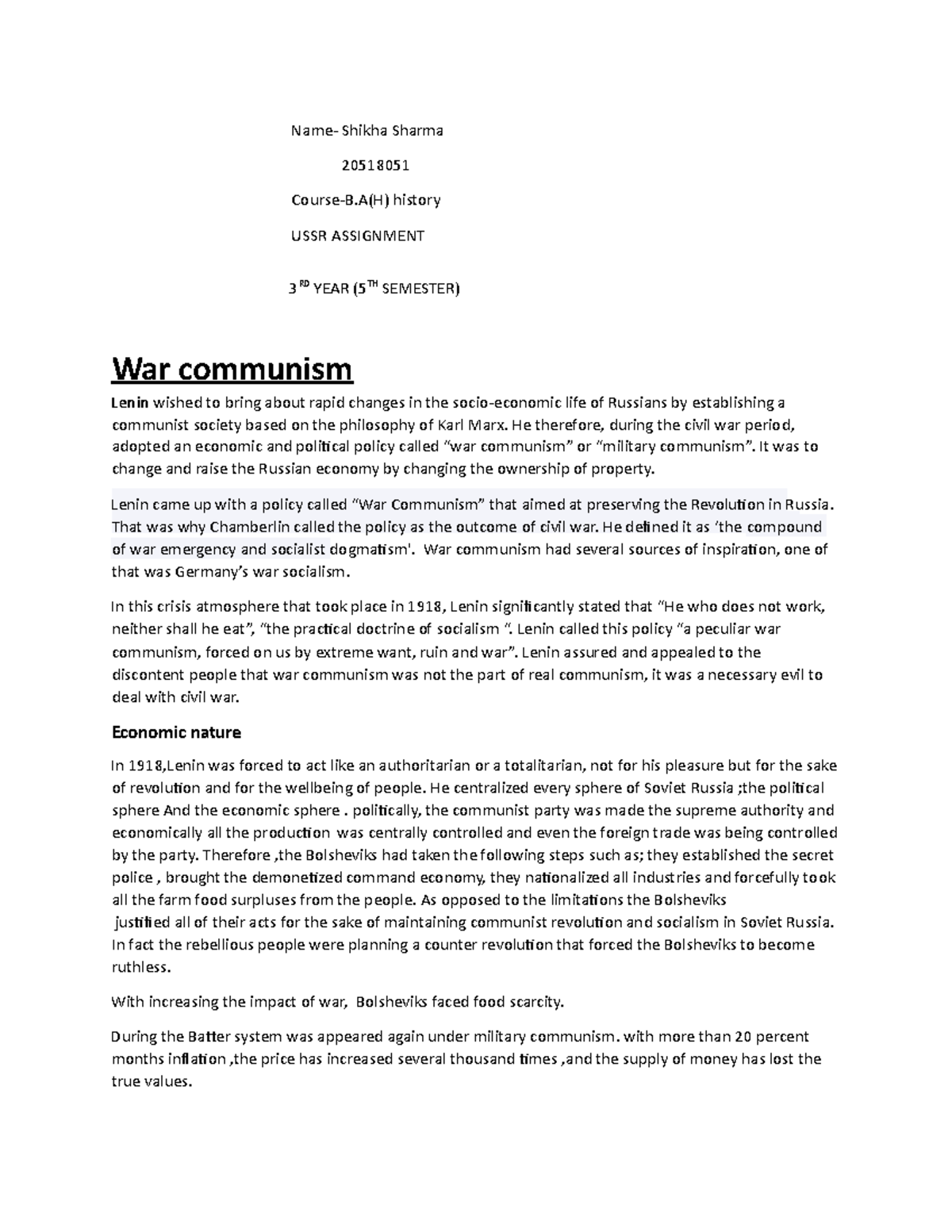 The war communism - Name- Shikha Sharma 20518051 Course-B(H) history ...