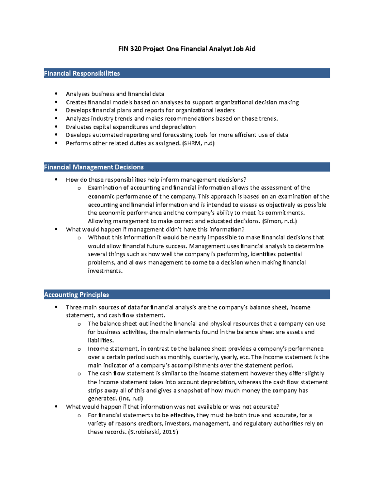 FIN 320 Project One Financial Analyst Job Aid - Evaluates capital ...