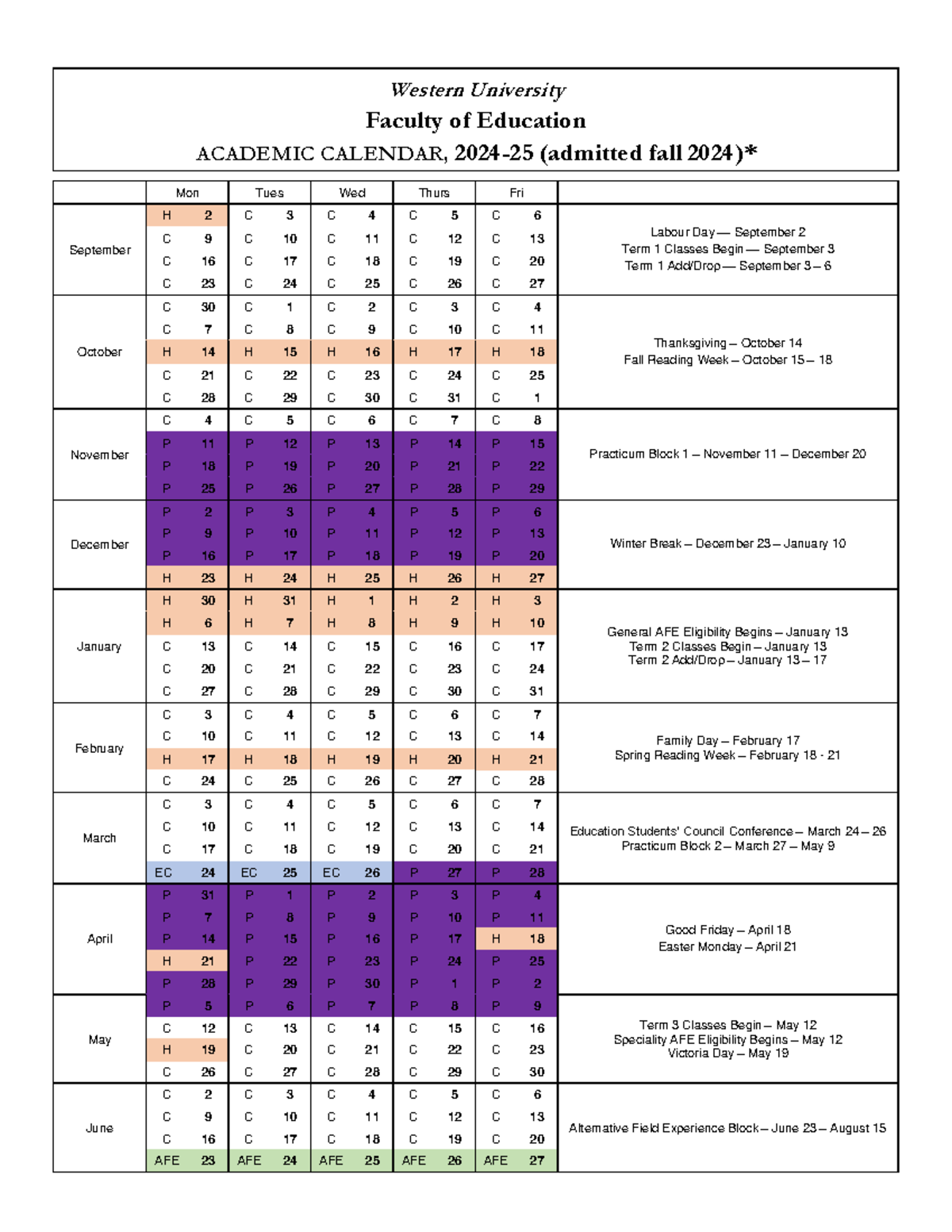 20242025b Western University Faculty of Education ACADEMIC CALENDAR