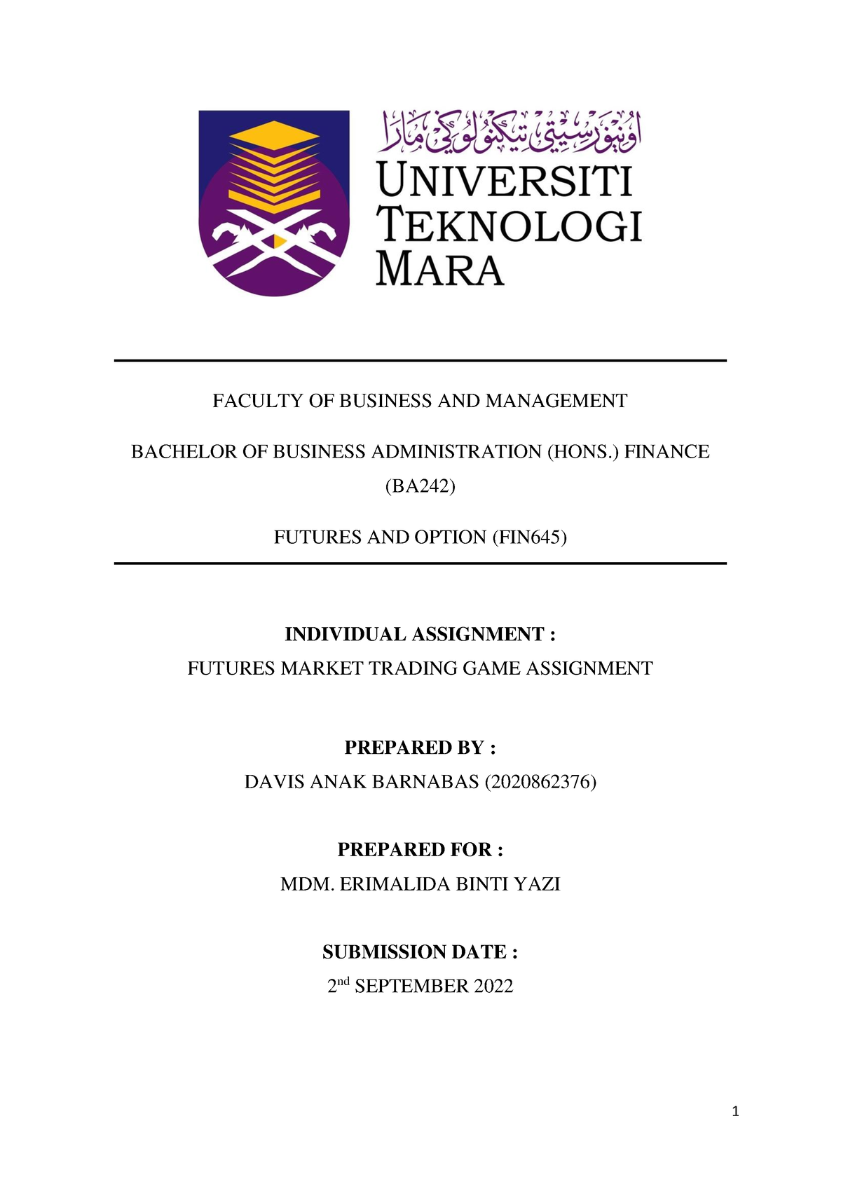 FIN 645 Individual Assignment - FACULTY OF BUSINESS AND MANAGEMENT ...