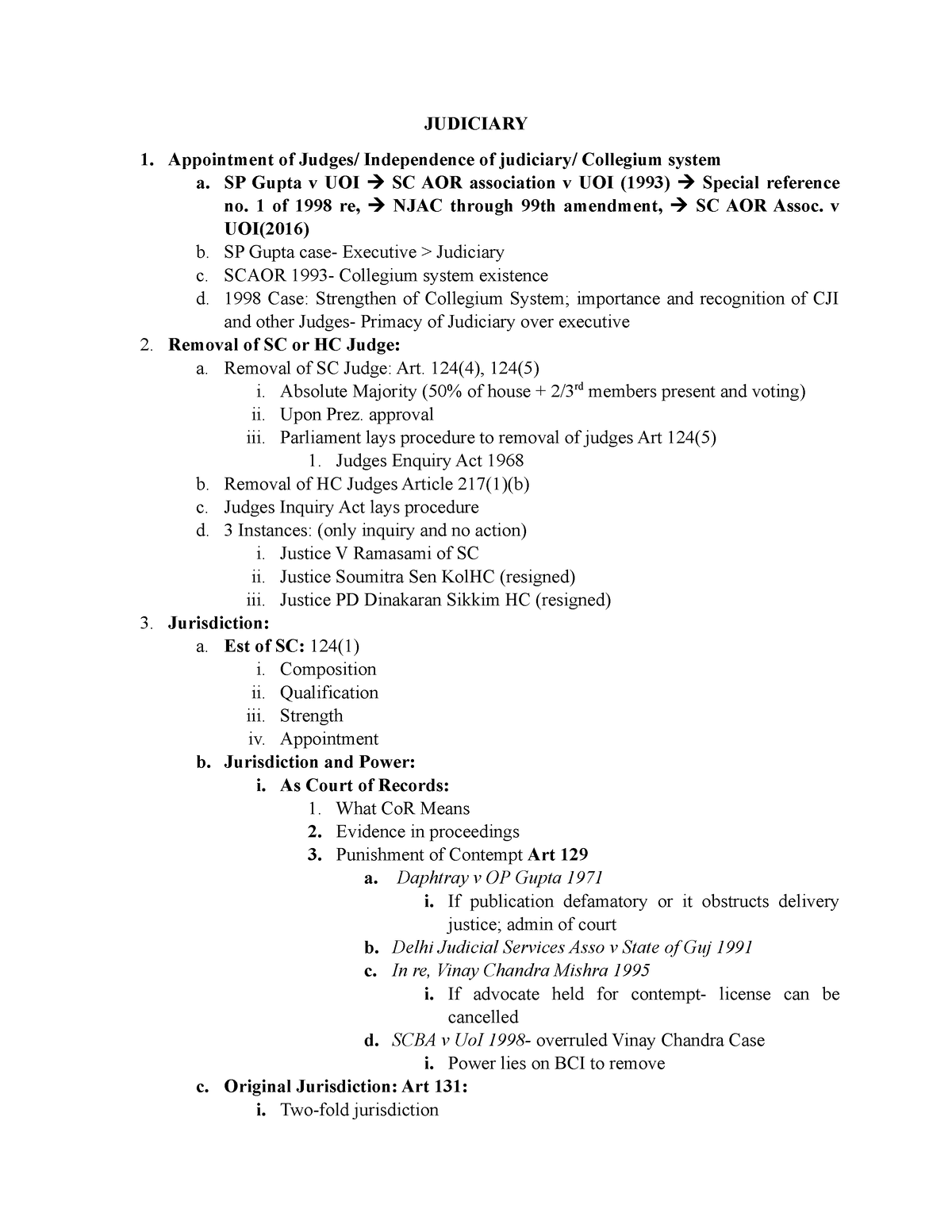 Judiciary - Lecture Notes 1-3 - JUDICIARY 1. Appointment Of Judges ...