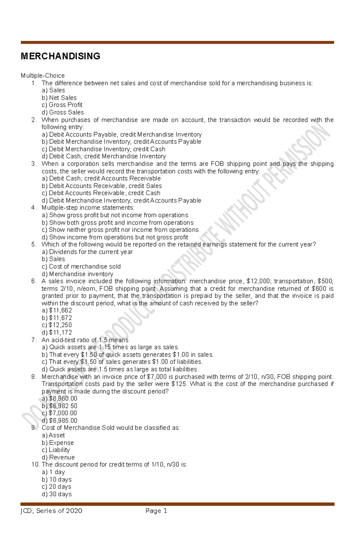 QUIZ ON Merchandising 1 MERCHANDISING MultipleChoice 1. The