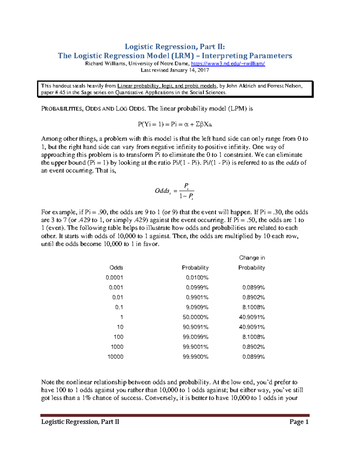 Logistic Regression, Part II - PROBABILITIES, ODDS AND LOG ODDS. The ...