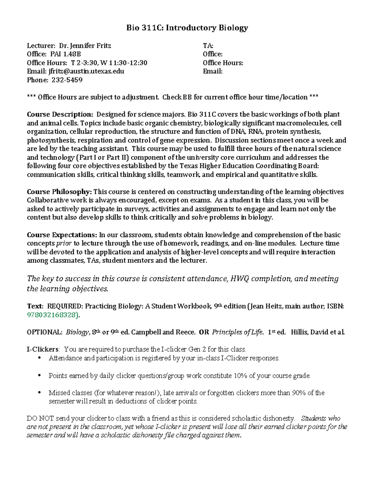 311C Fritz Syllabus FA 13 - Bio 311C: Introductory Biology Lecturer: Dr ...