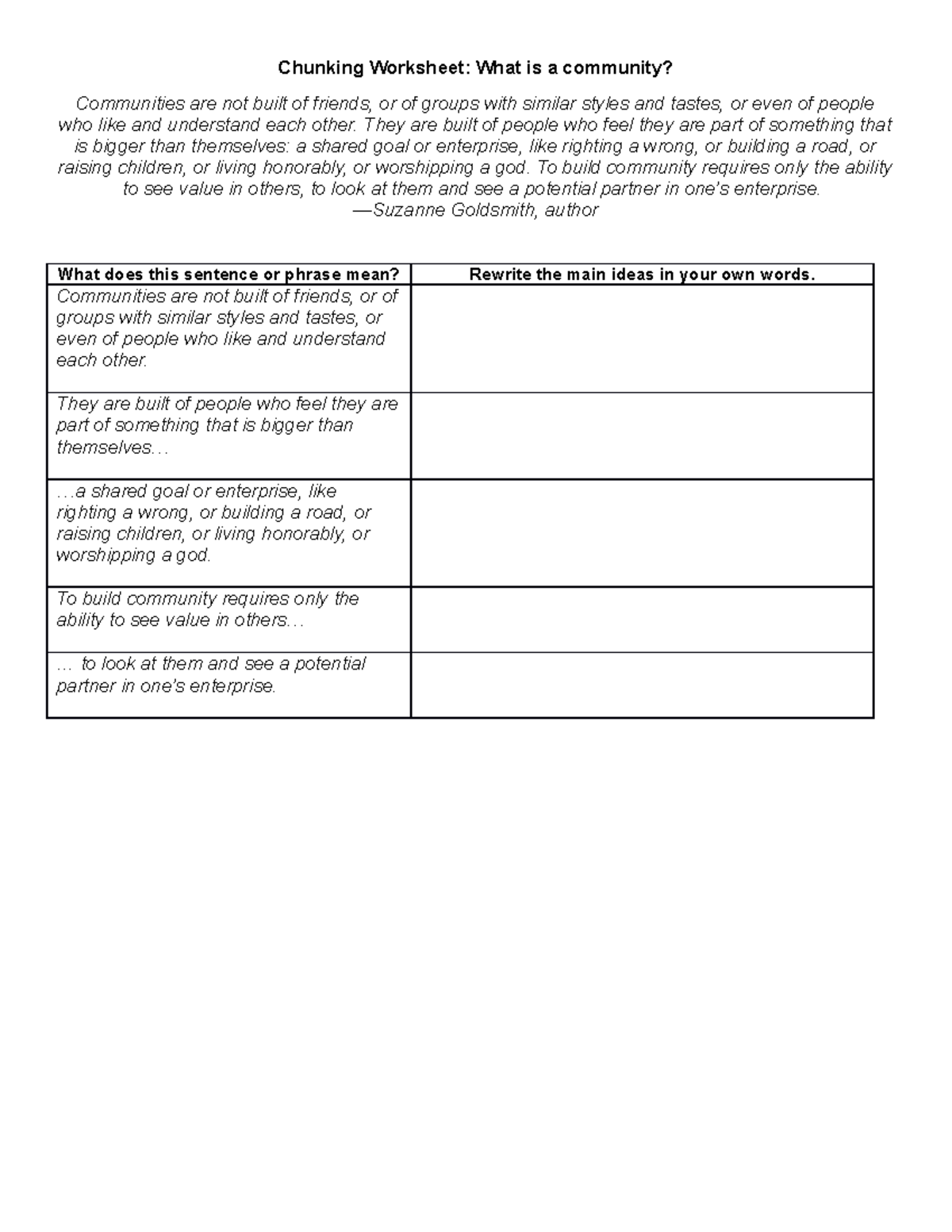 Chunking Worksheet What is a community - Chunking Worksheet: What is a ...