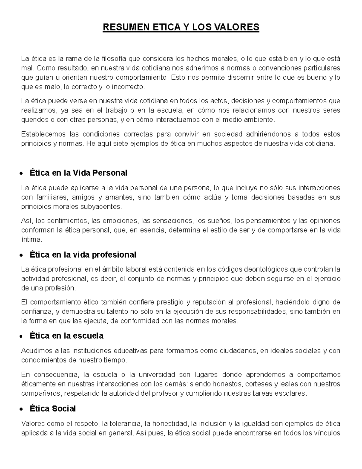 Resumen Etica Y Los Valores Resumen Etica Y Los Valores La Tica Es