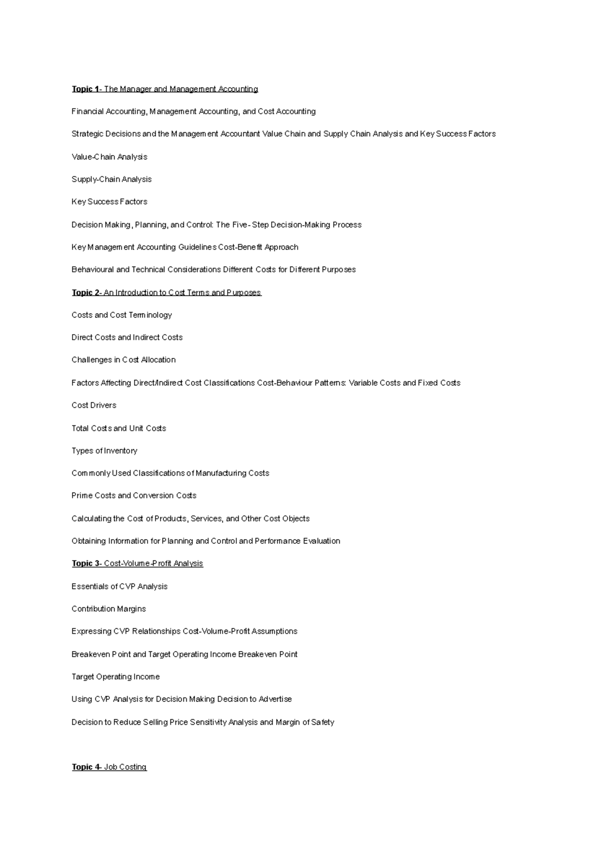 Cost accounting class notes Topic 1 The Manager and Management