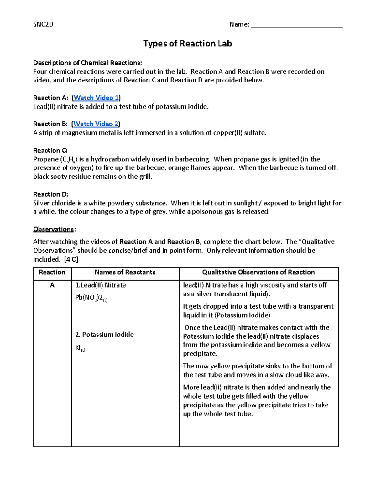 Chem lab - 2eqr3er - SNC2D Name: _________________________ Types of ...