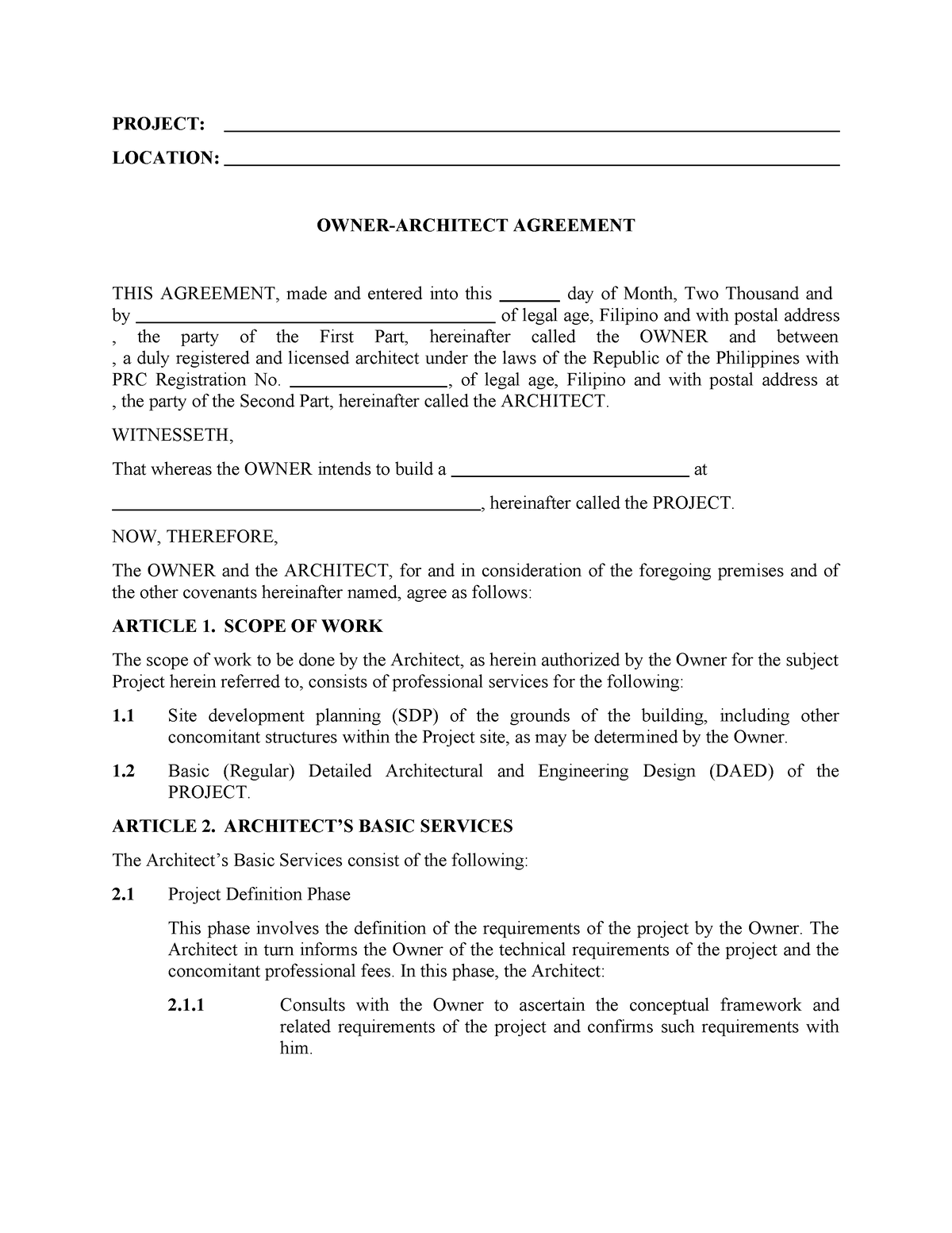 Contract Document - PROJECT: LOCATION: OWNER-ARCHITECT AGREEMENT THIS ...