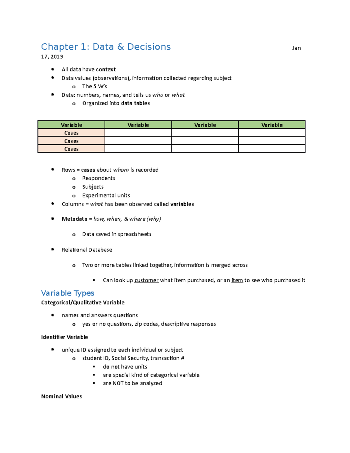 Chapter 1 In-Class Notes - Chapter 1: Data & Decisions Jan 17, 2019 All ...