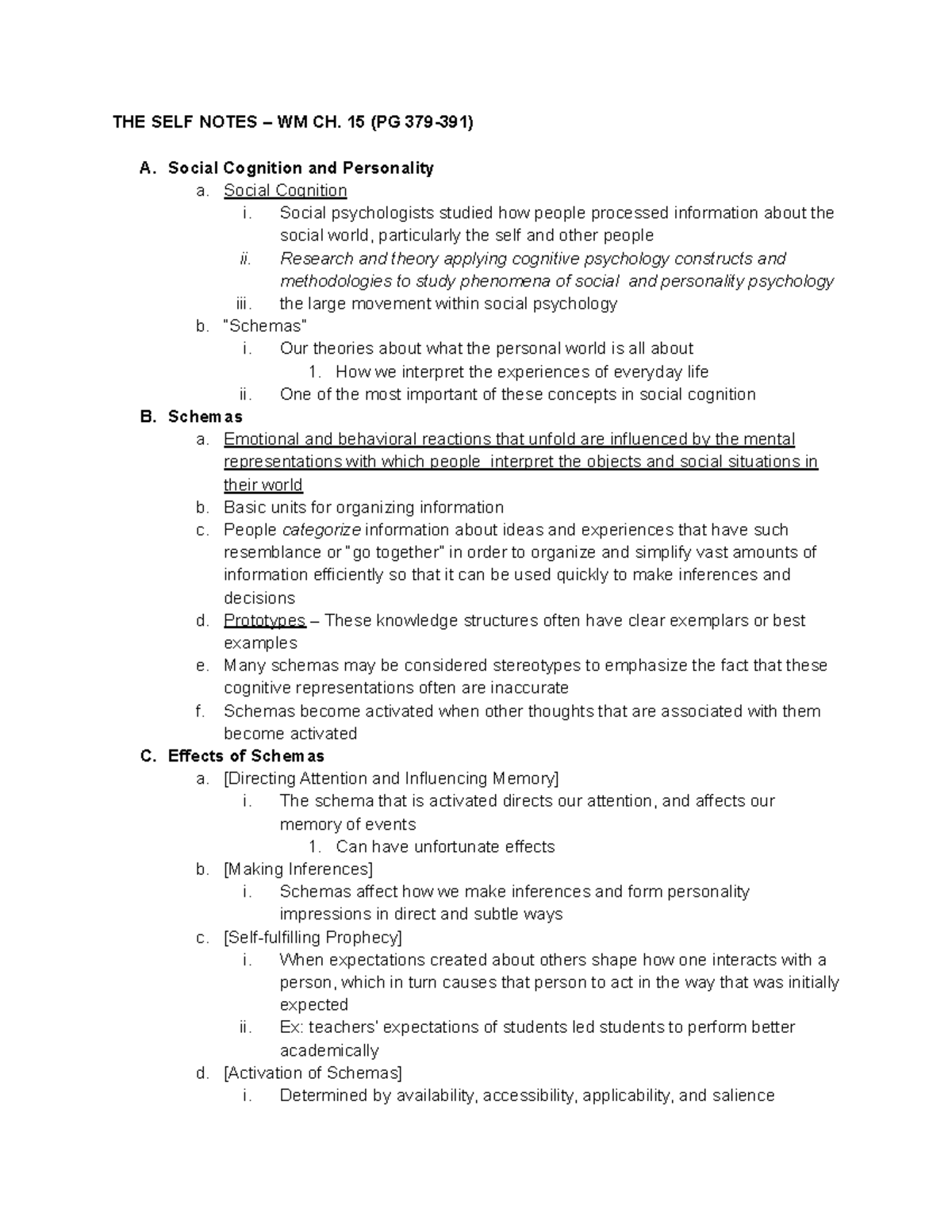 The Self Ch. 15 Notes - Introduction To Personality - THE SELF NOTES ...