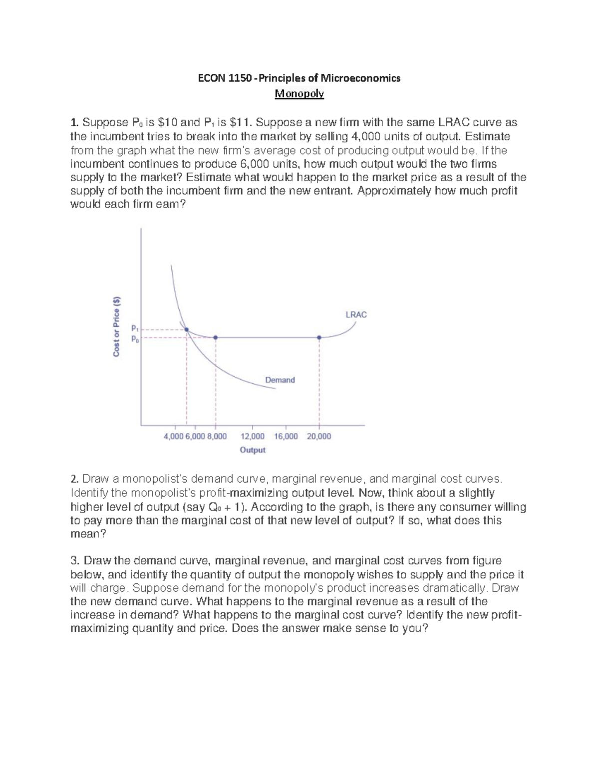 ECON 1150 Monopoly Problem Question - ECON 1150 -Principles Of ...