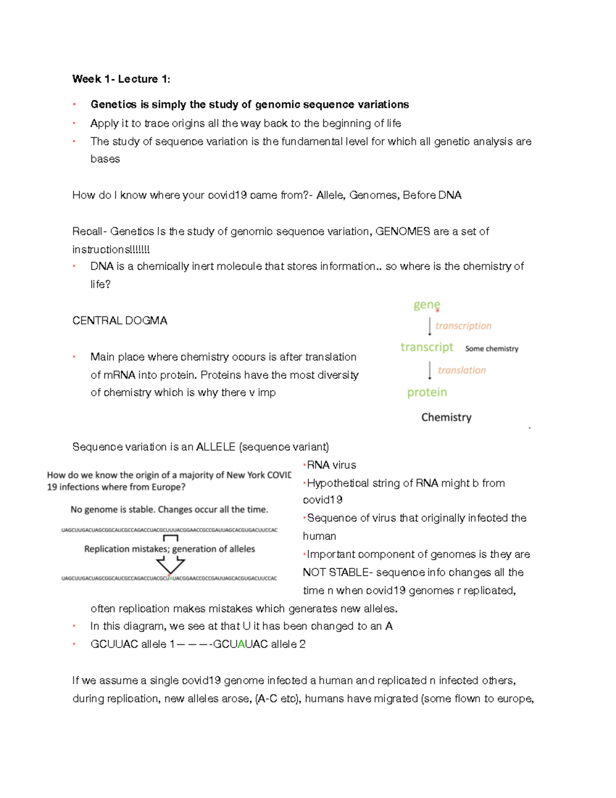 Week 1 part1 - full lecture notes - Week 1- Lecture 1: Genetics is ...