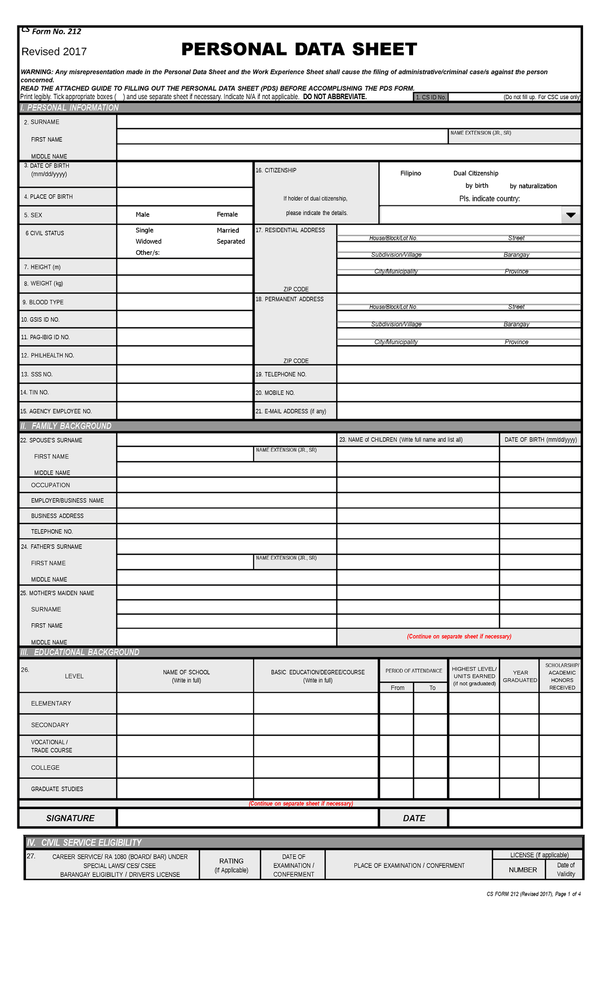 2017 Cscpds - CS Form No. 212 Revised 2017 PERSONAL DATA SHEET WARNING ...