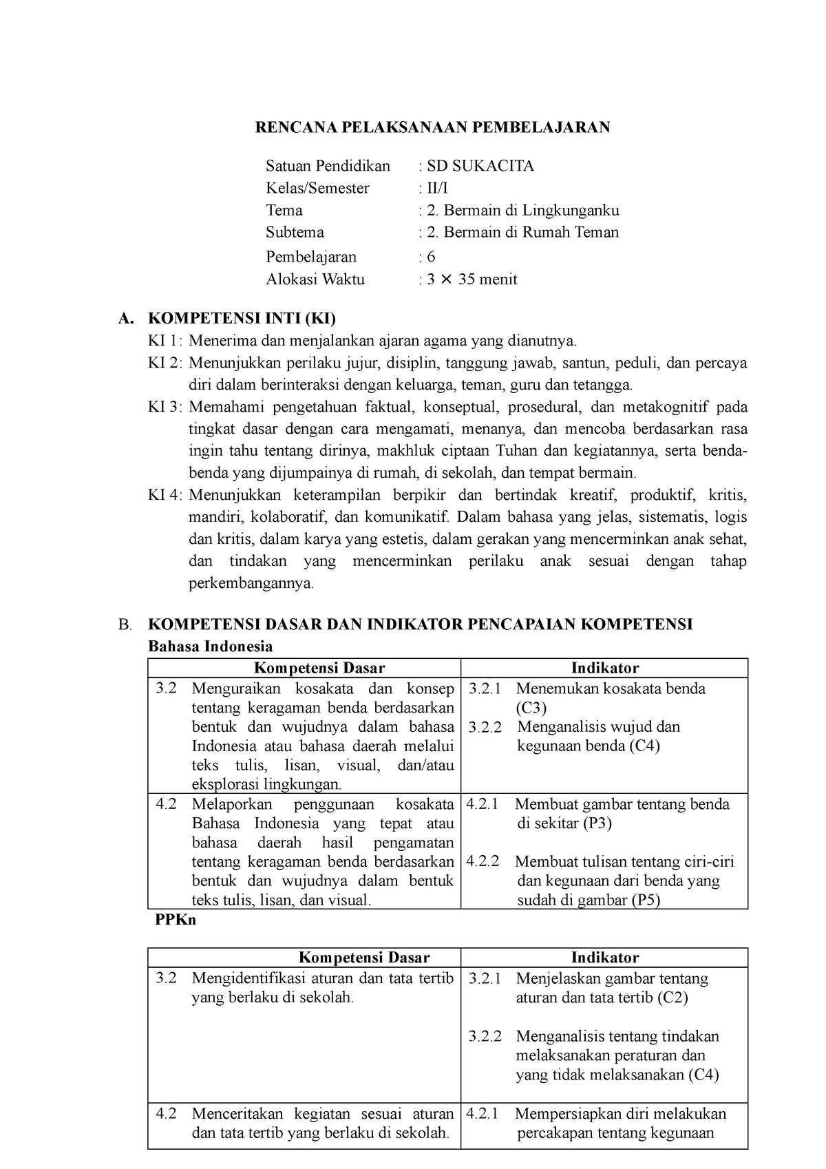 1. RPP Kelas II Subtema II Pembelejaran 6 - RENCANA PELAKSANAAN ...