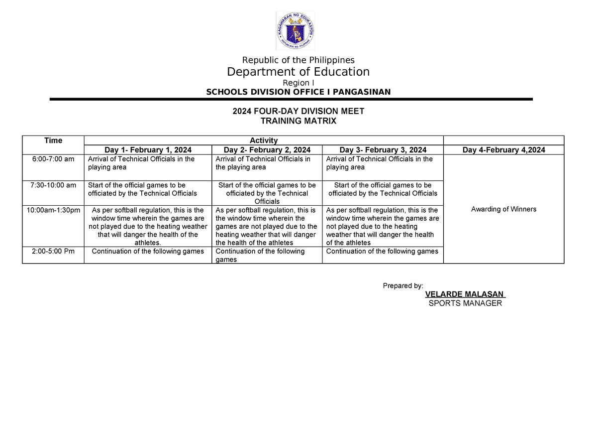 Softball- Training Matrix - Republic of the Philippines Department of ...