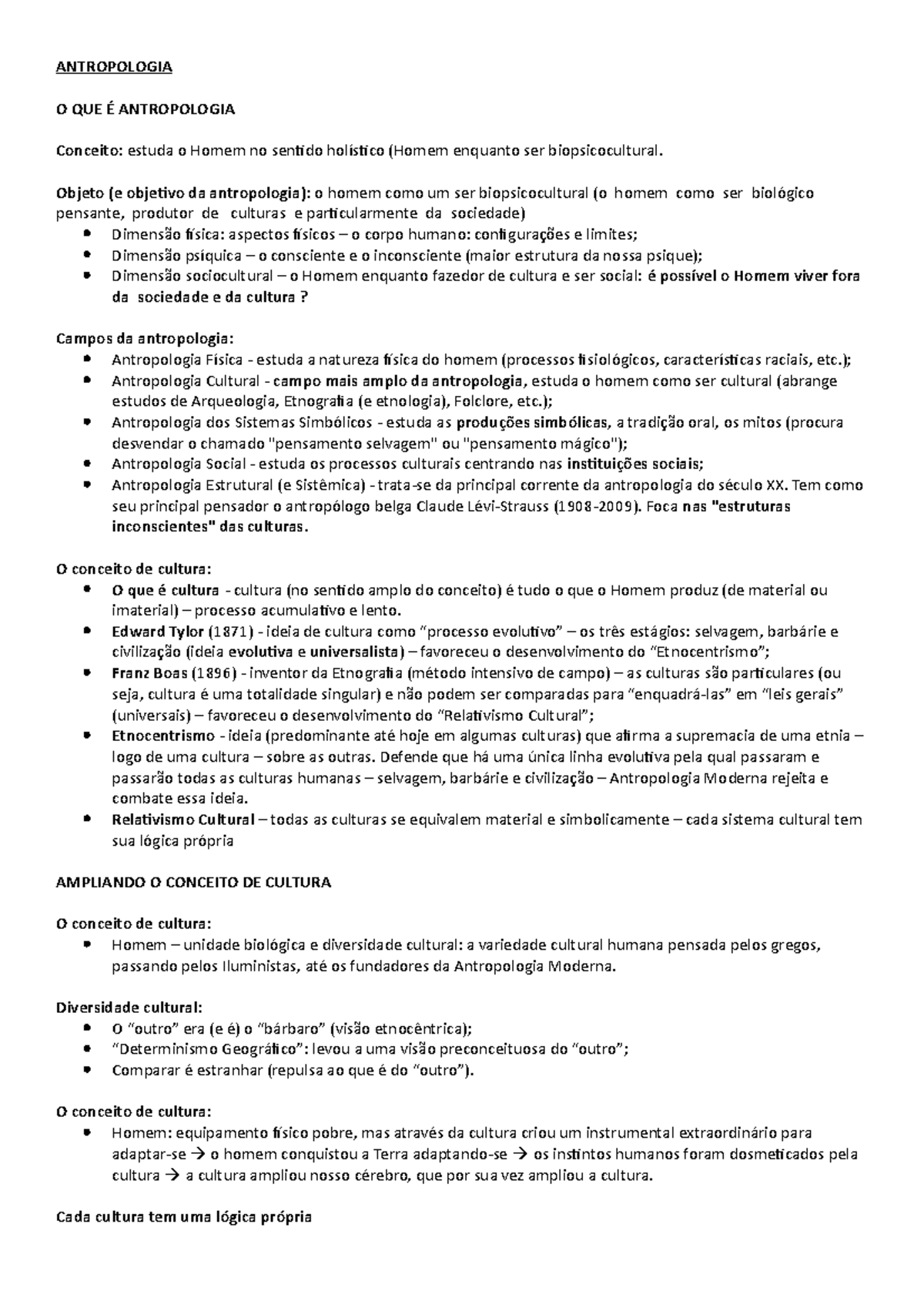 Resumo Antropologia - ANTROPOLOGIA O QUE É ANTROPOLOGIA Conceito ...