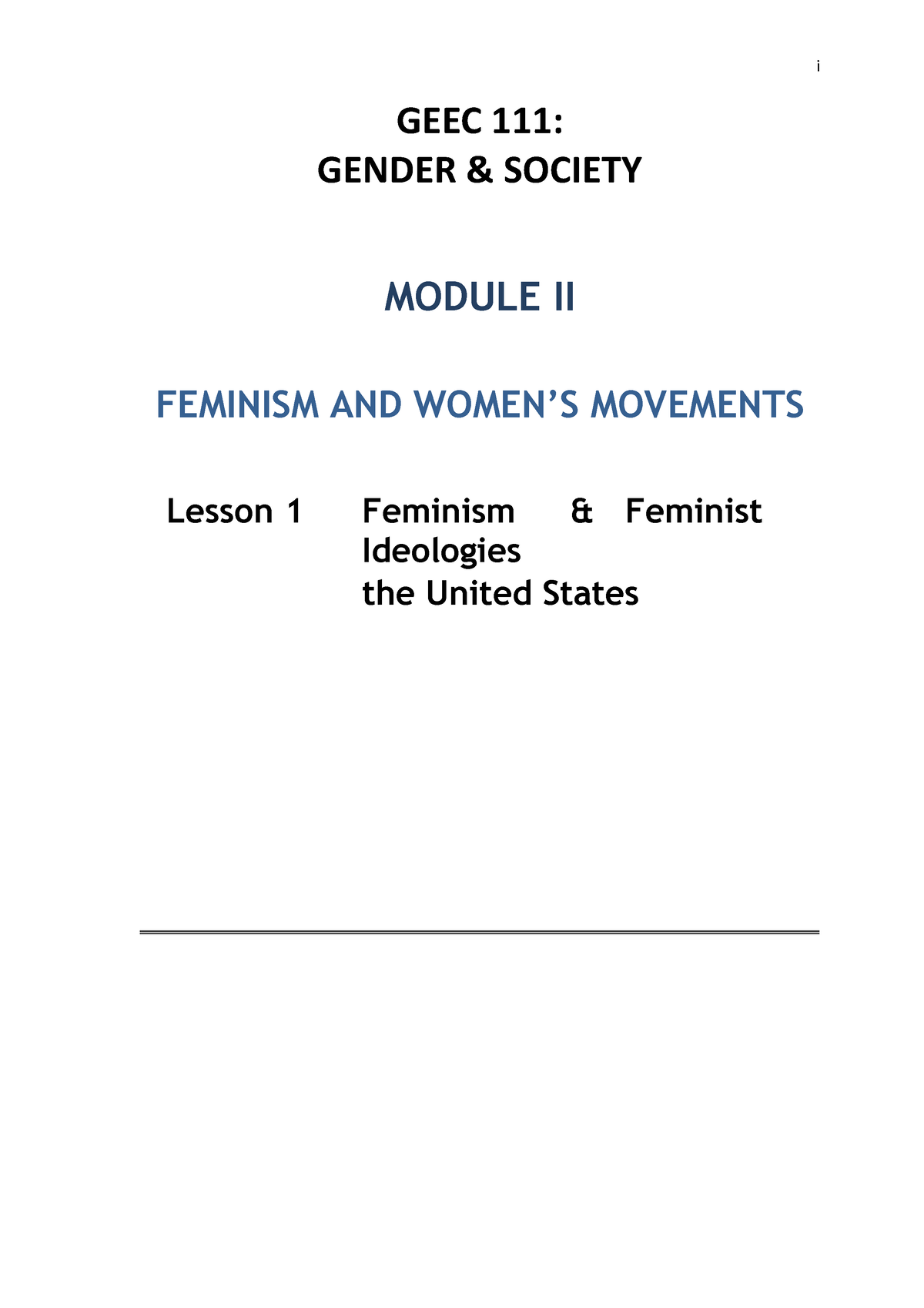 Module 2 Lesson 1 - I GEEC 111: GENDER & SOCIETY MODULE II FEMINISM AND ...