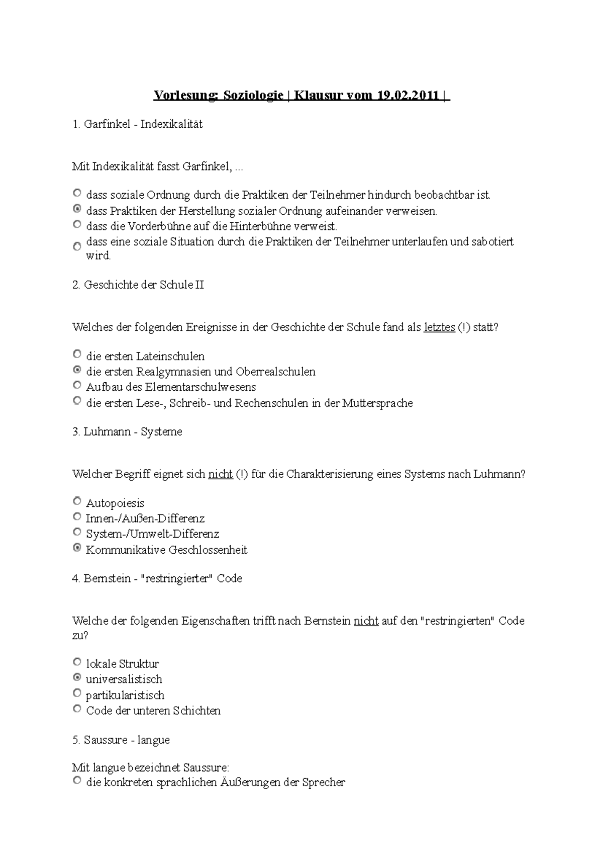 Soziologie - Liste Der Klausurantworten - Vorlesung: Soziologie ...