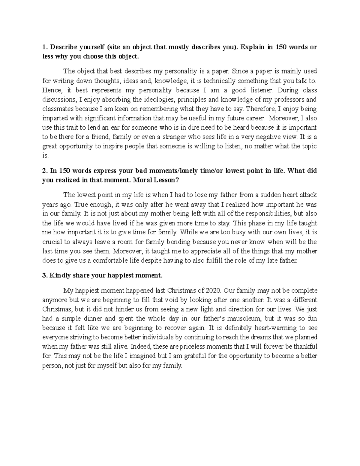 Introduction - 1. Describe yourself (site an object that mostly ...