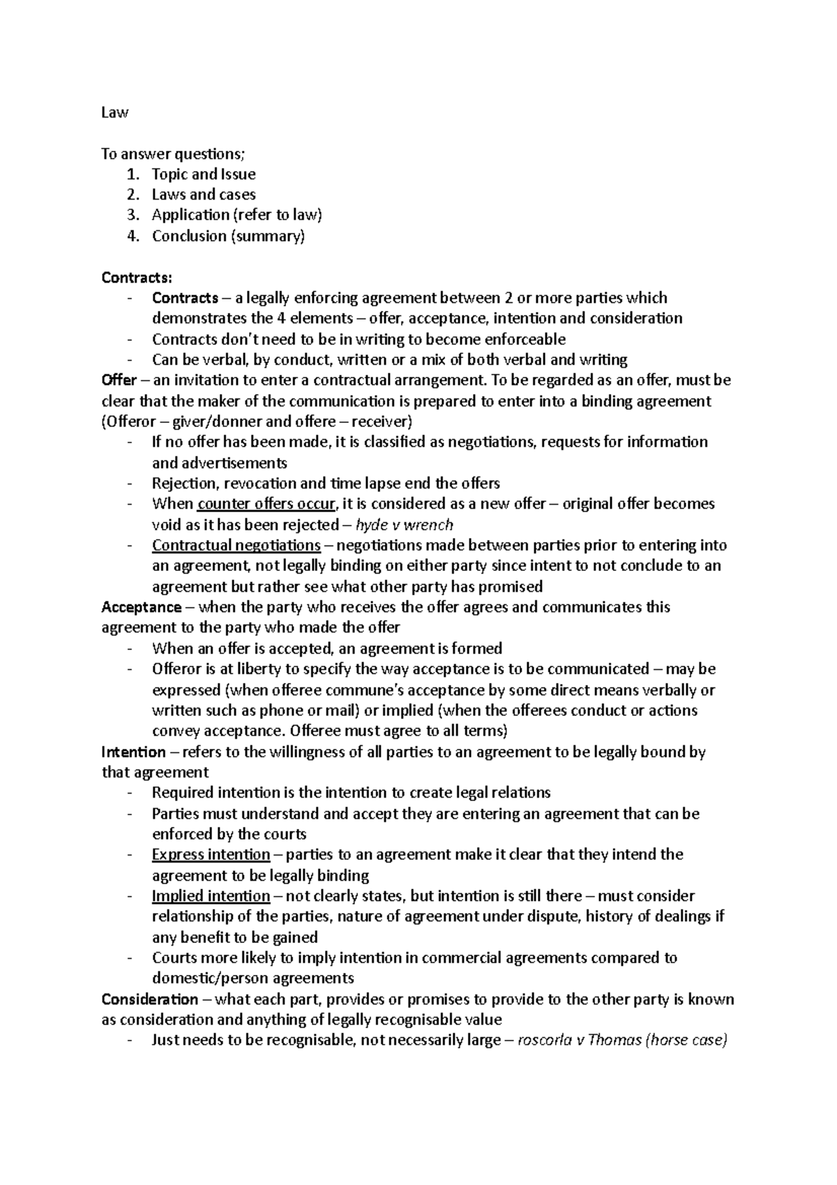 Law Exam Notes - Law To answer questions; 1. Topic and Issue 2. Laws ...