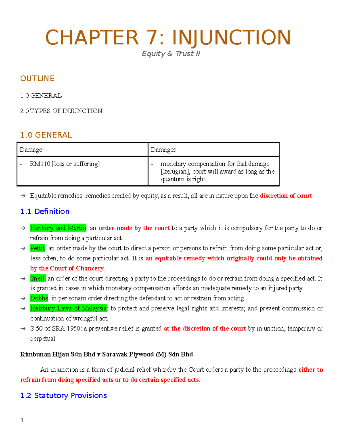 Chapter 7 Injunction - CHAPTER 7: INJUNCTION Equity & Trust II OUTLINE ...