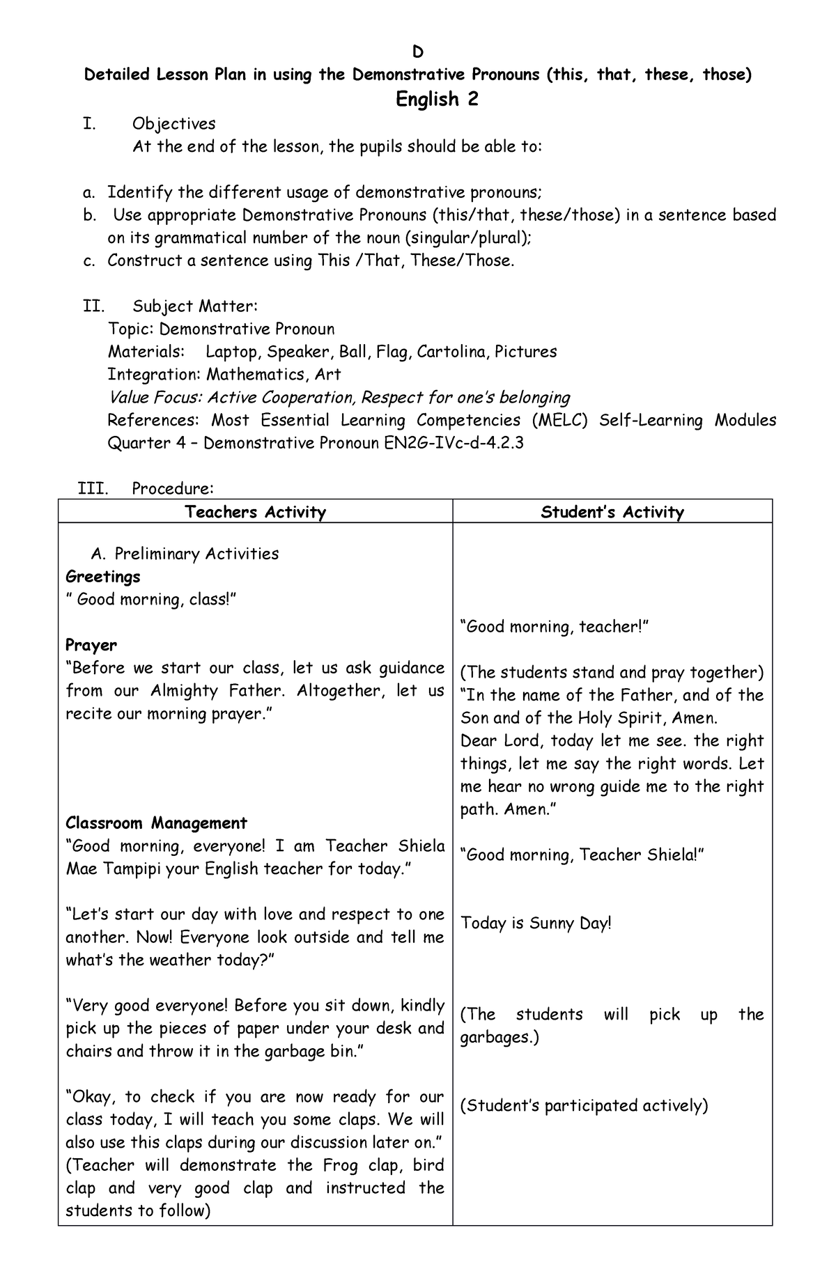 Detailed Lesson Plan In English 2 For Demo D Detailed Lesson Plan In Using The Demonstrative 7149