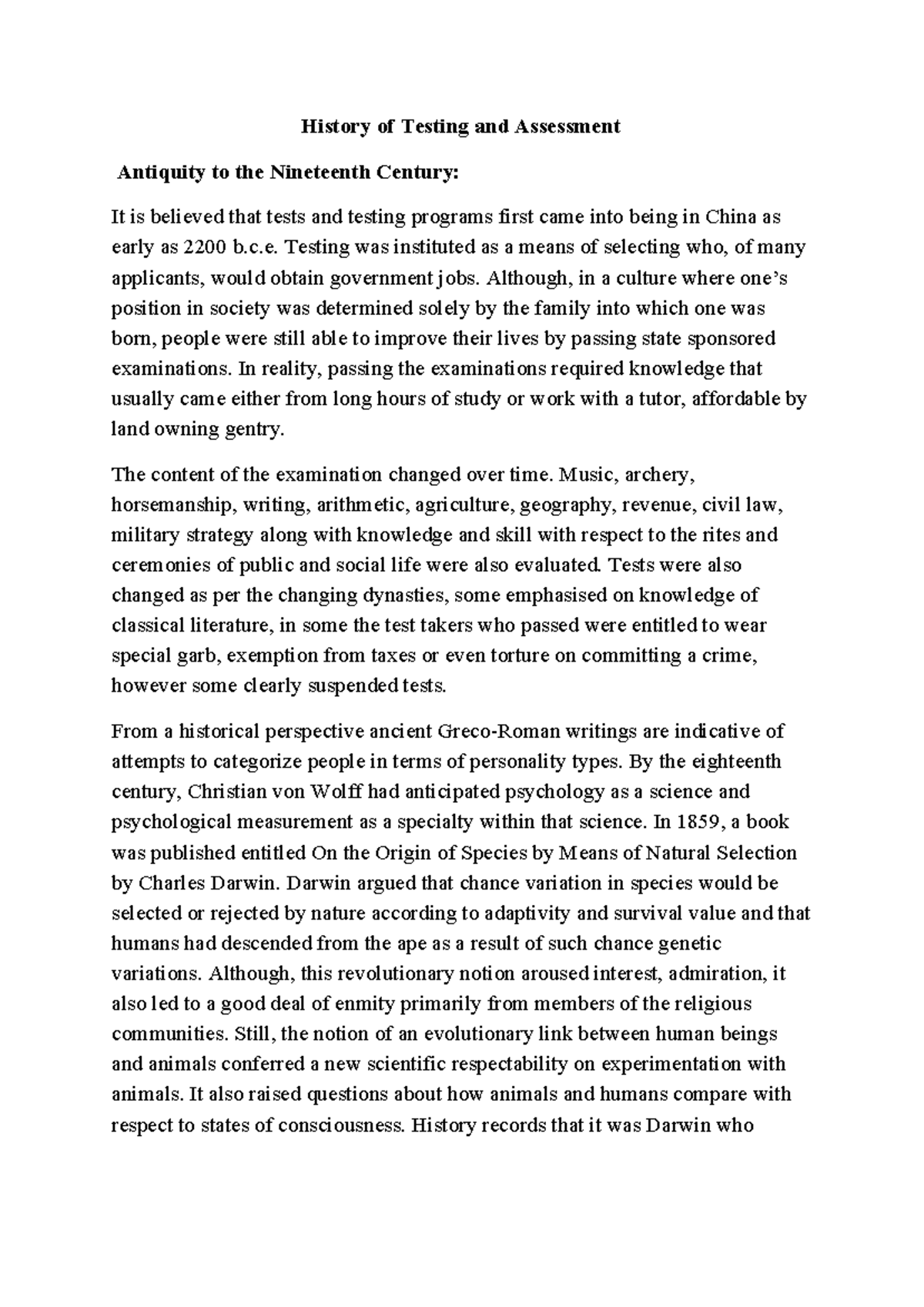 History Assessment.docx - History of Testing and Assessment Antiquity ...