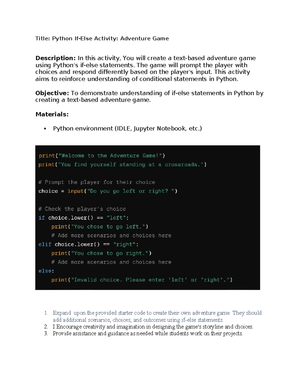 Python If-Else Activity- Adventure Game - Title: Python If-Else Activity:  Adventure Game - Studocu