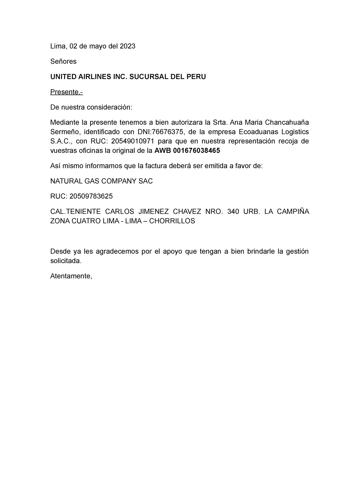 Carta Lima 02 De Mayo Del 2023 Señores United Airlines Inc Sucursal Del 2296