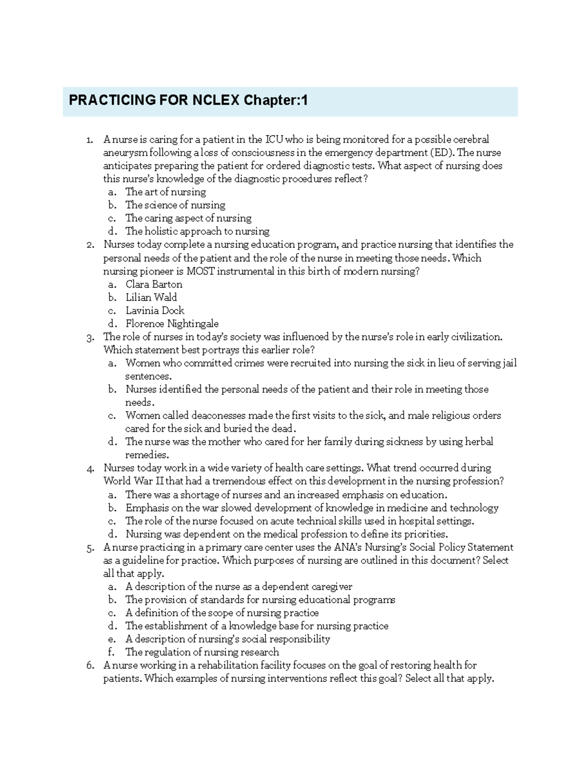 NCLEX Style Questions In Fundamentals First Semester - PRACTICING FOR ...