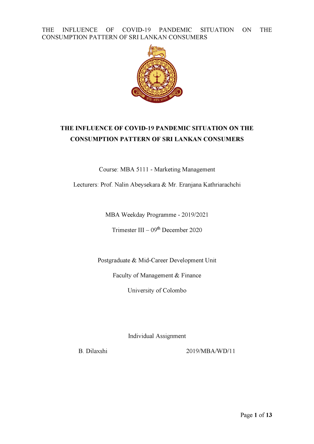 Individual Assignment- 2019 Mbawd 11 - CONSUMPTION PATTERN OF SRI ...