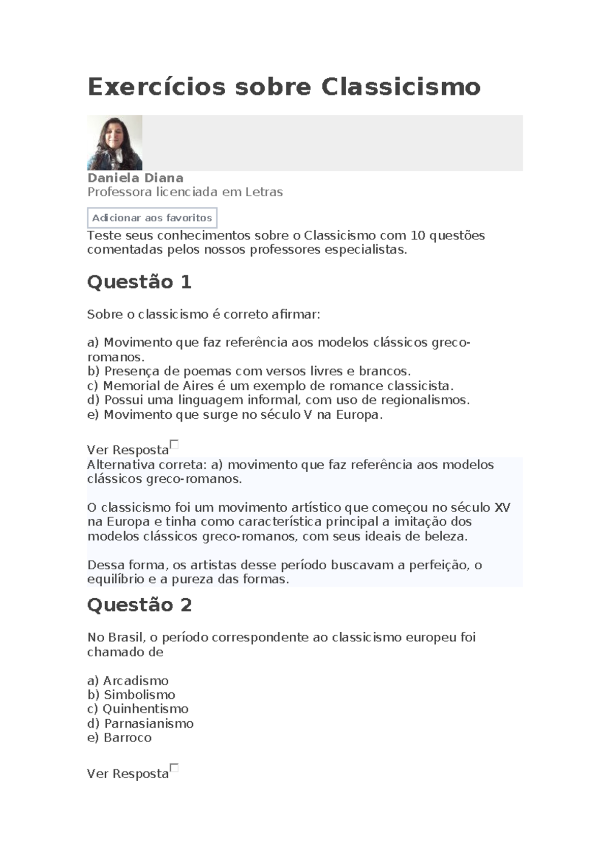 Exercícios sobre Classicismo - Exercícios sobre Classicismo Daniela ...