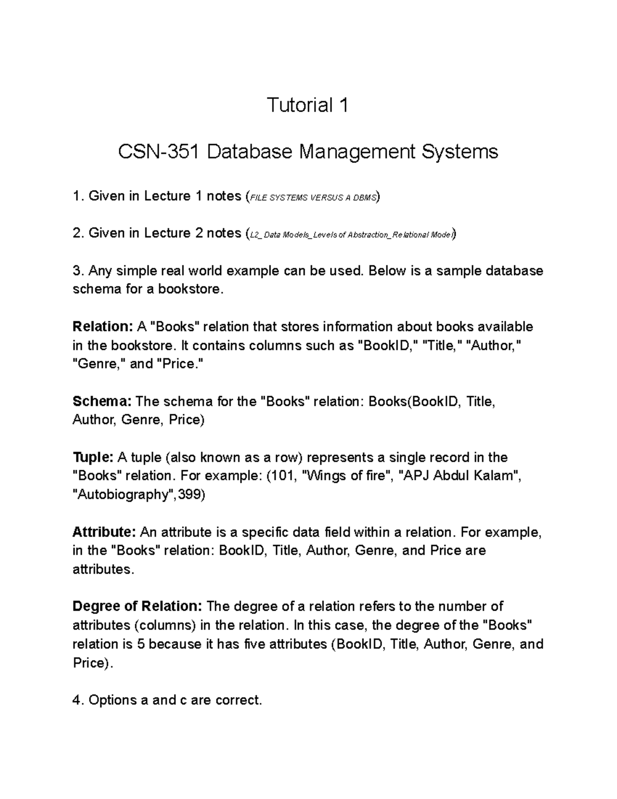 Tutorial 1 answers - Tutorial 1 CSN-351 Database Management Systems ...
