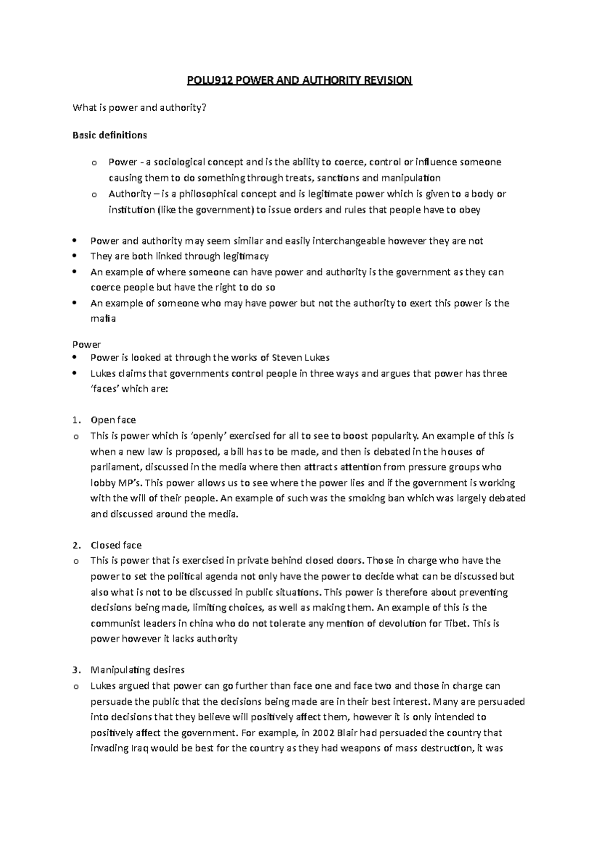 POLU912 Power, Authority and Legitimacy notes POLU912 POWER AND