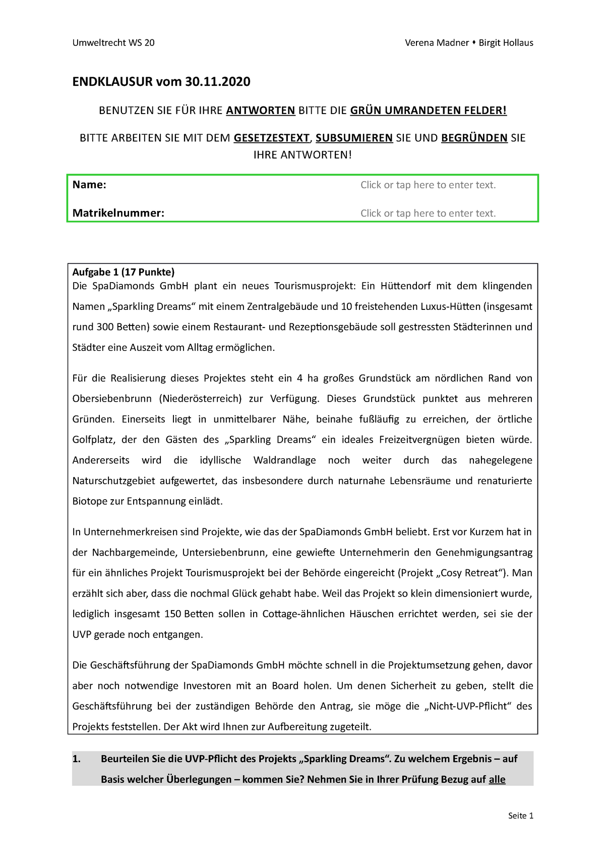 Umweltrecht EK WS 2020 21 - ENDKLAUSUR Vom 30. BENUTZEN SIE FÜR IHRE ...