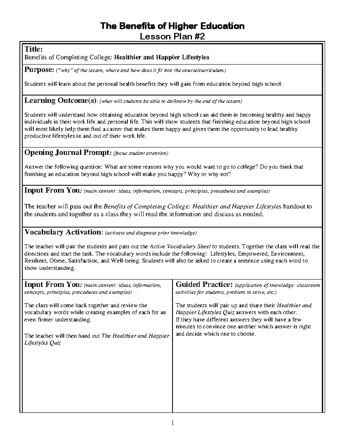Benifits of Higher Education Lesson Plan Template - The Benefits of ...