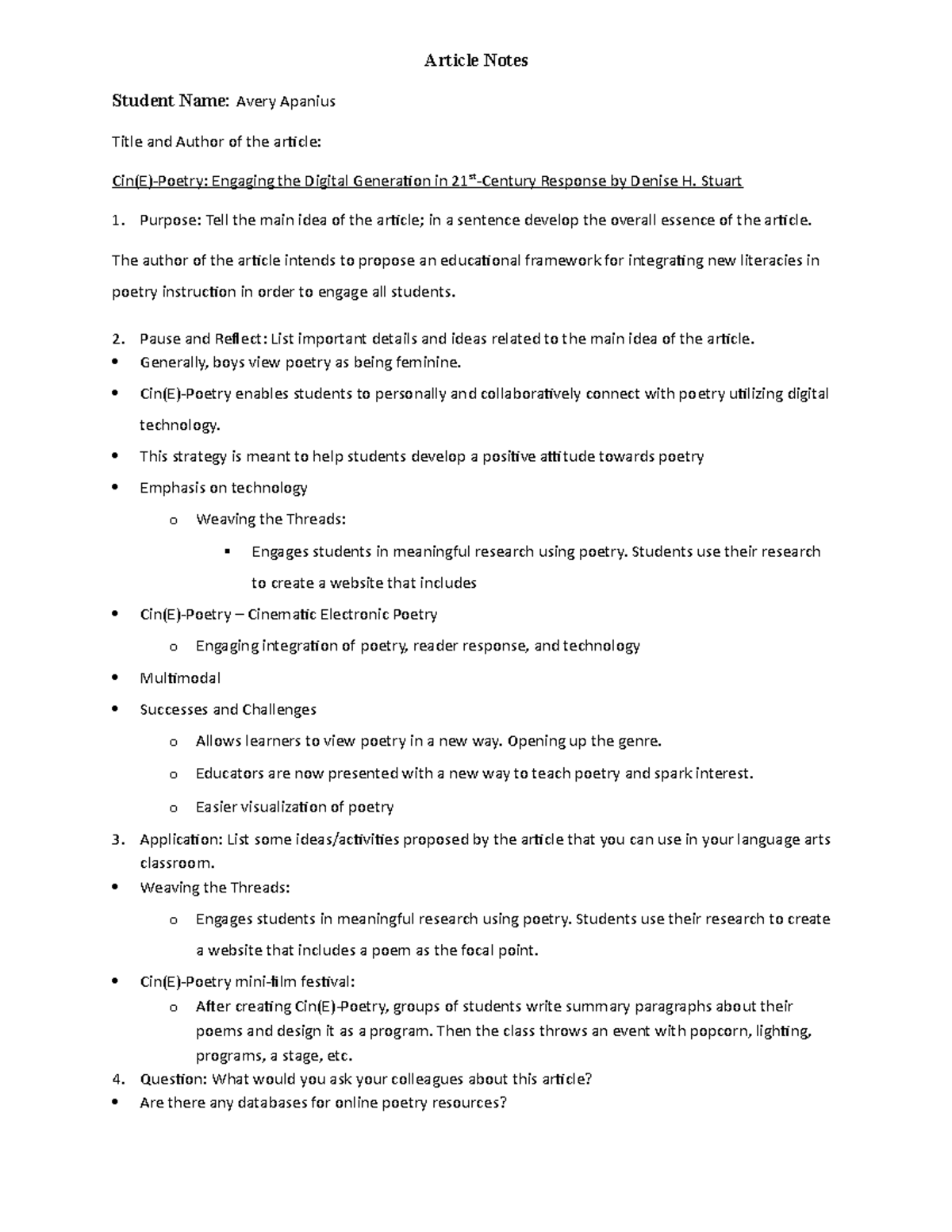 Cin(E)-Poetry Article Notes - Article Notes Student Name: Avery Apanius ...