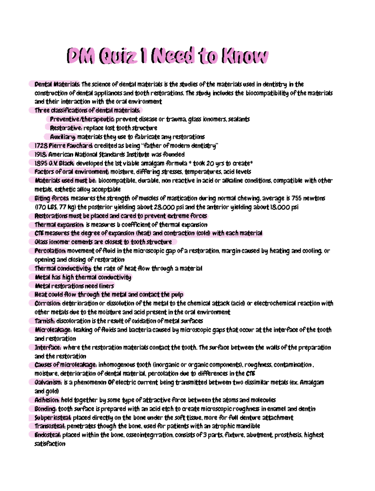 Dental Materials Quiz 1 Need to know DM Quiz 1 Need to Know DM Quiz 1