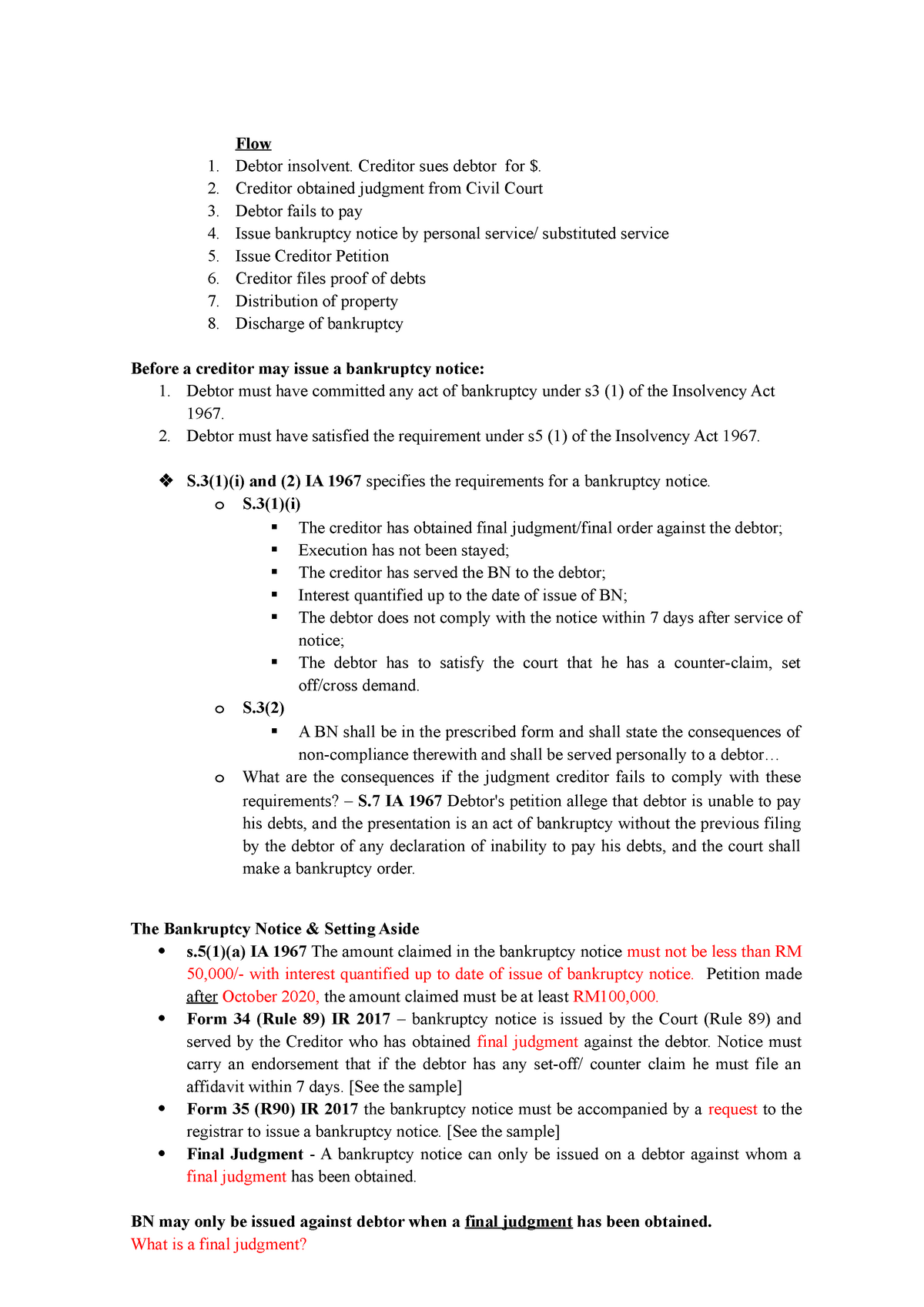 Insolvency 2 Bankruptcy Notice Latest Note Flow Debtor Insolvent Creditor Sues Debtor For Studocu