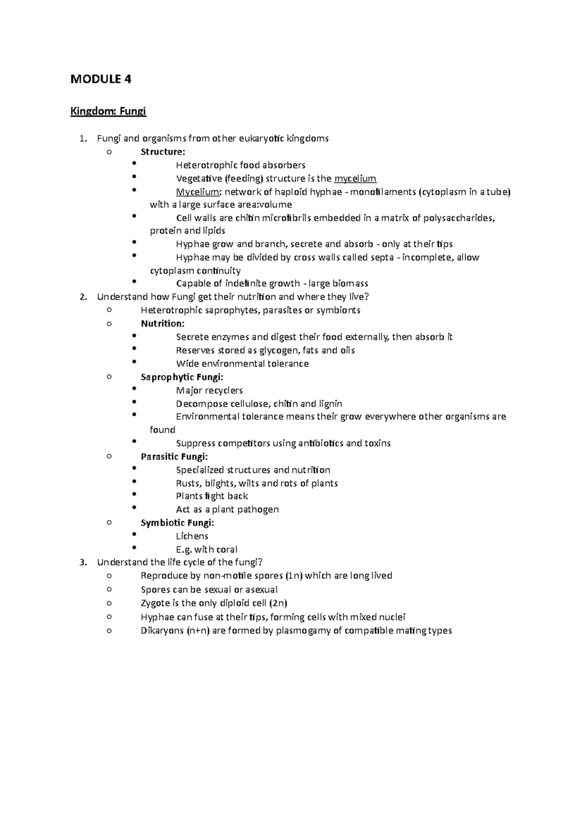 Module 4 notes - MODULE 4 Kingdom: Fungi 1. 2. 3. Fungi and organisms ...