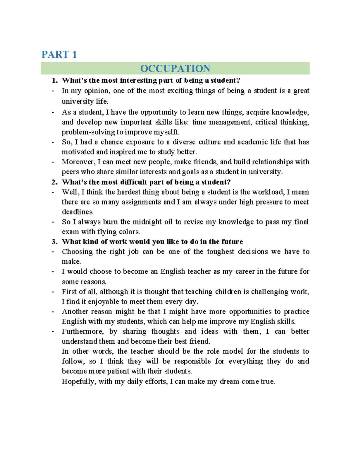 Review part 1 - rea - PART 1 OCCUPATION What’s the most interesting ...