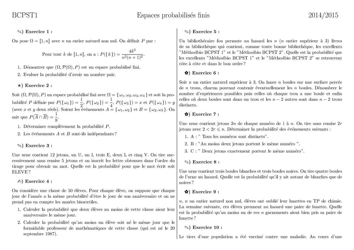 TD Espaces Probabilisés Finis - BCPST1 Espaces Probabilis ́es Finis ...