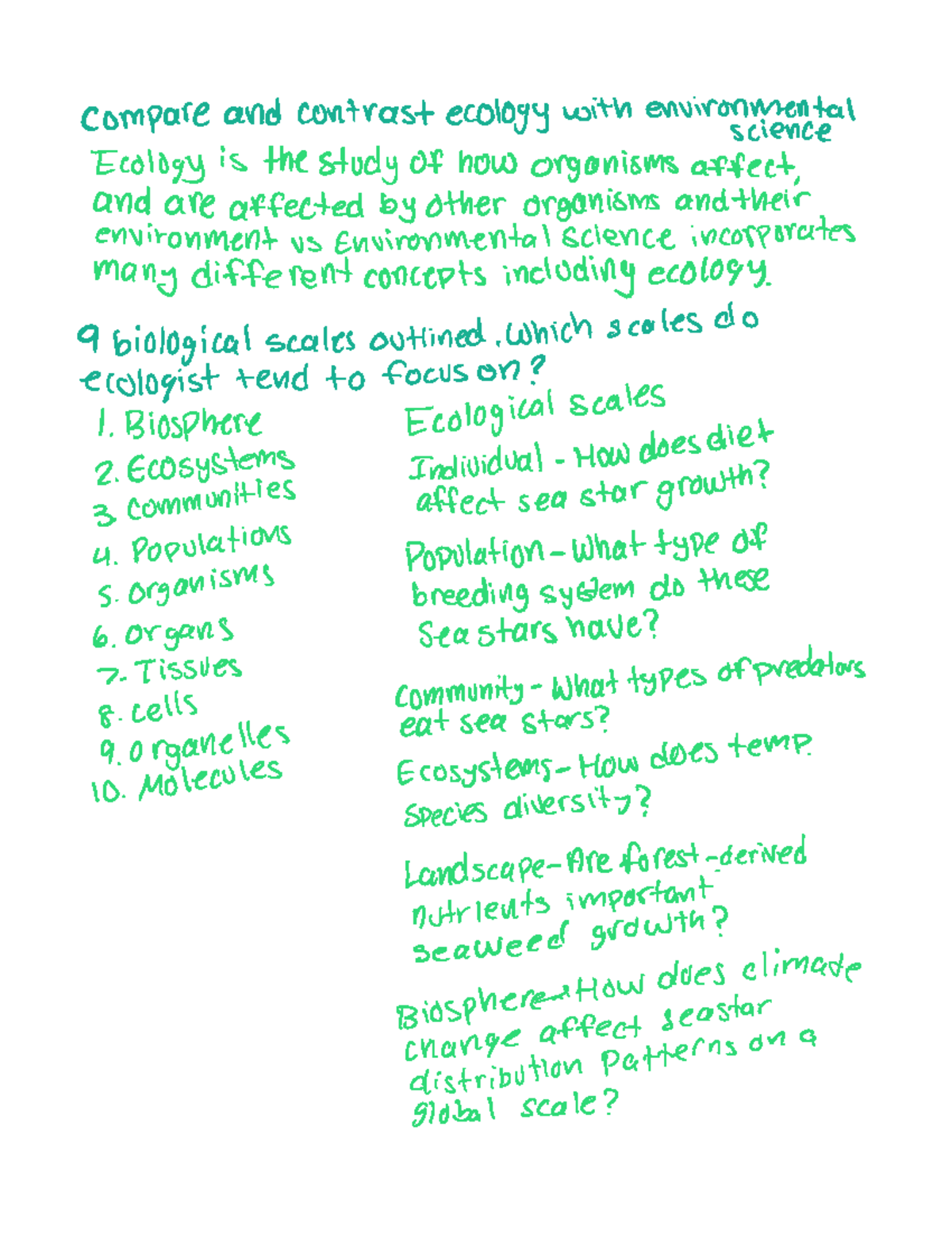 Exam 1 study questions compare and contrast ecology with