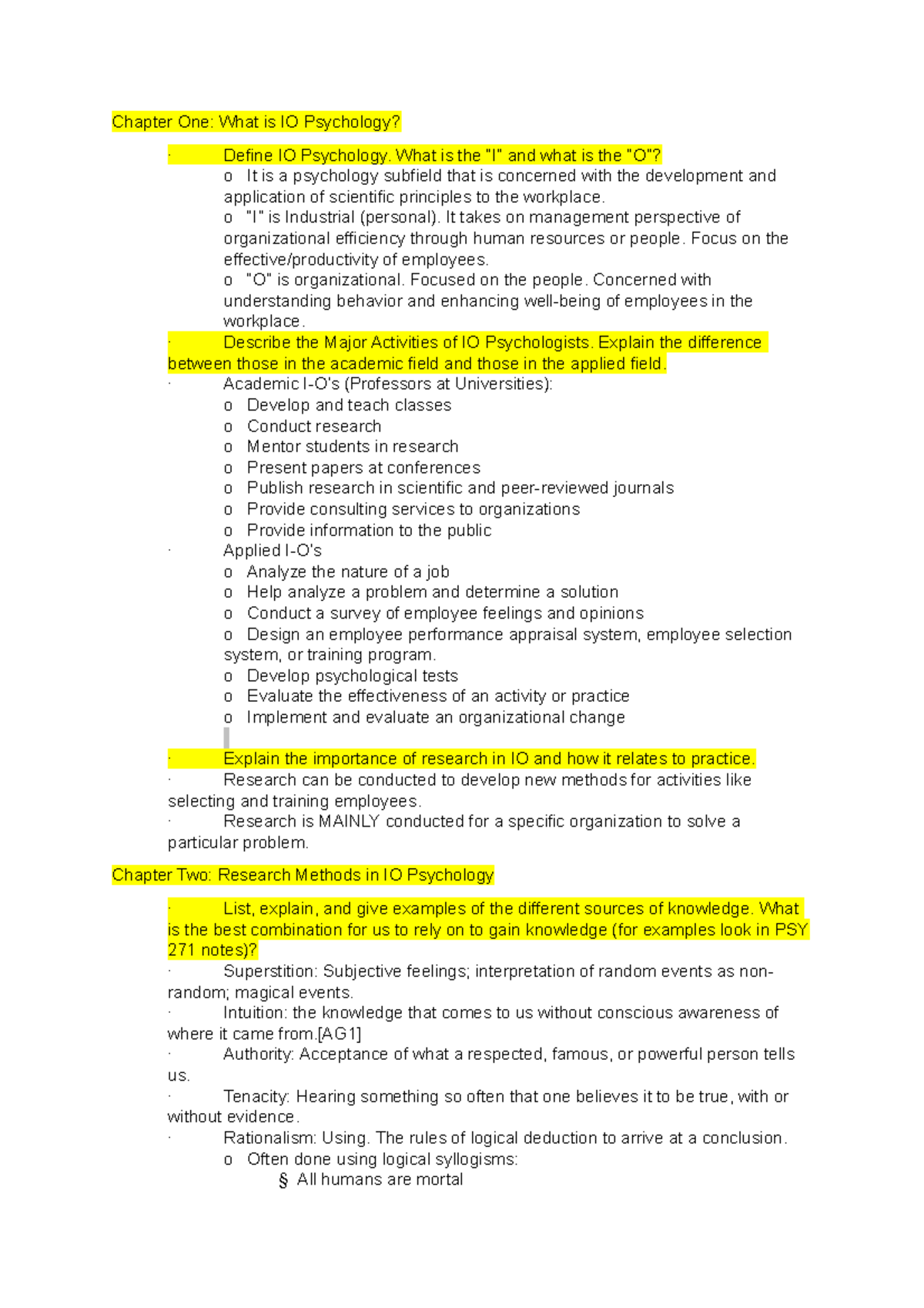 Exam 1 Study Guide Psy 313 - Chapter One: What is IO Psychology ...